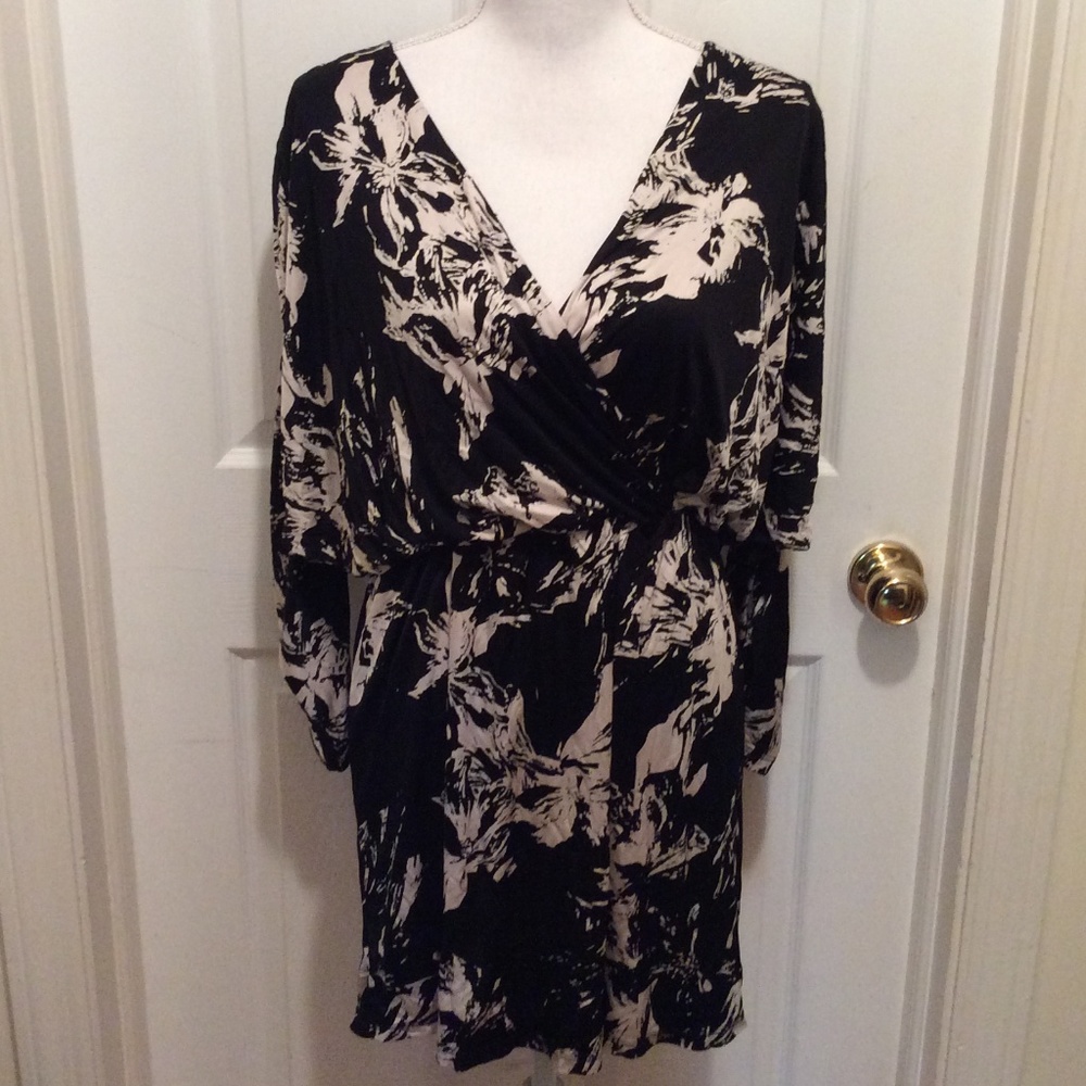 Black and Cream Floral Wrap Dress